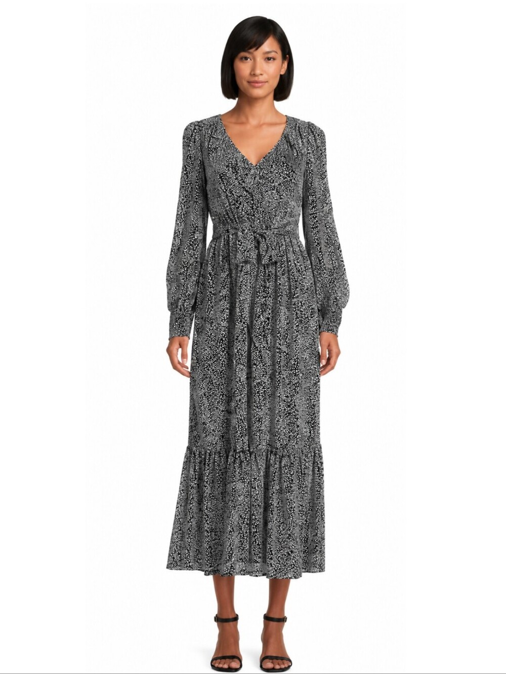 Karl Lagerfeld Paris Black & White Print Belted Maxi Dress
